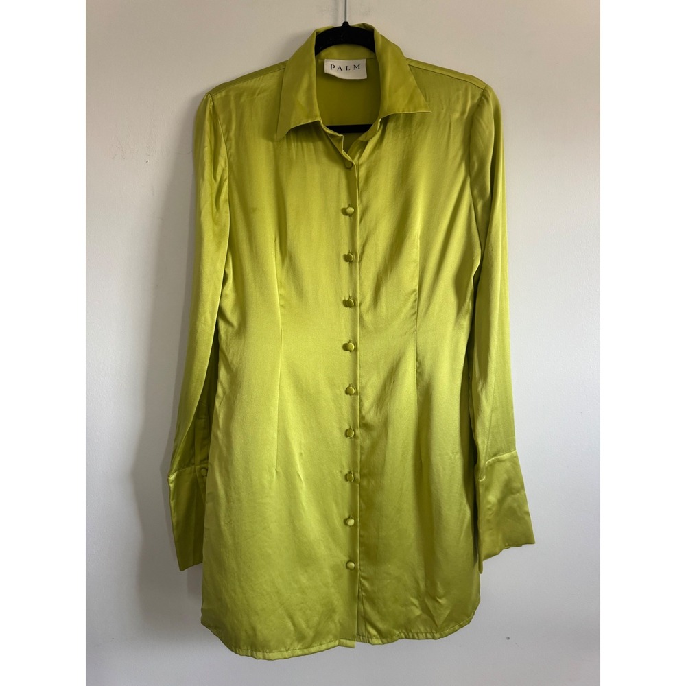 Palm Swimwear Lime Green‎ Satin Mini Shirt Dress Long Sleeve Button Down US 6